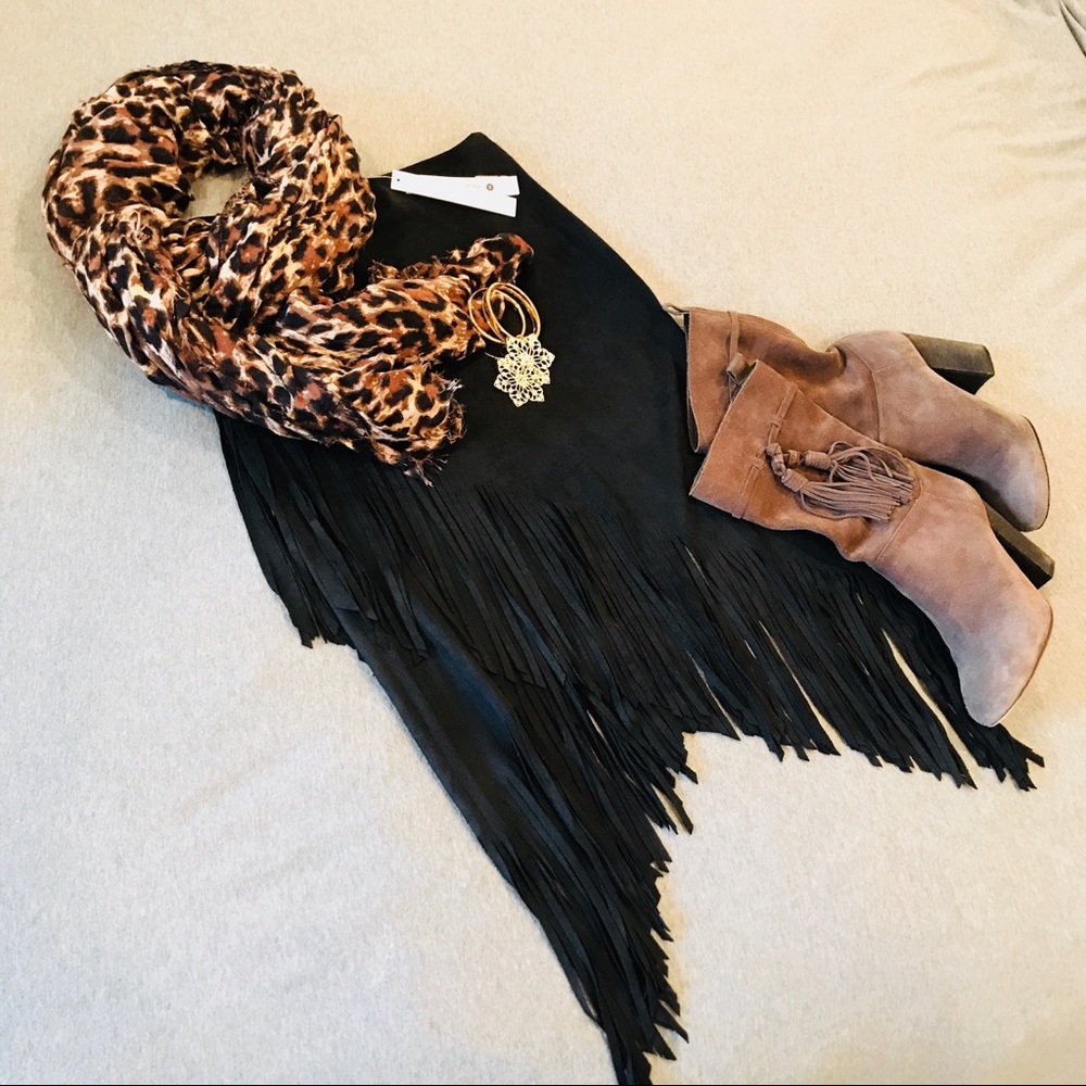 AQUA Faux Suede Fringe Skirt Black